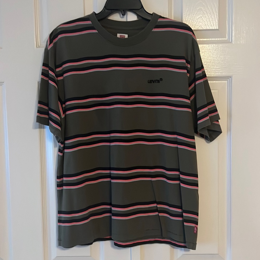 Olive green with black and pink stripes Levi’s shirt